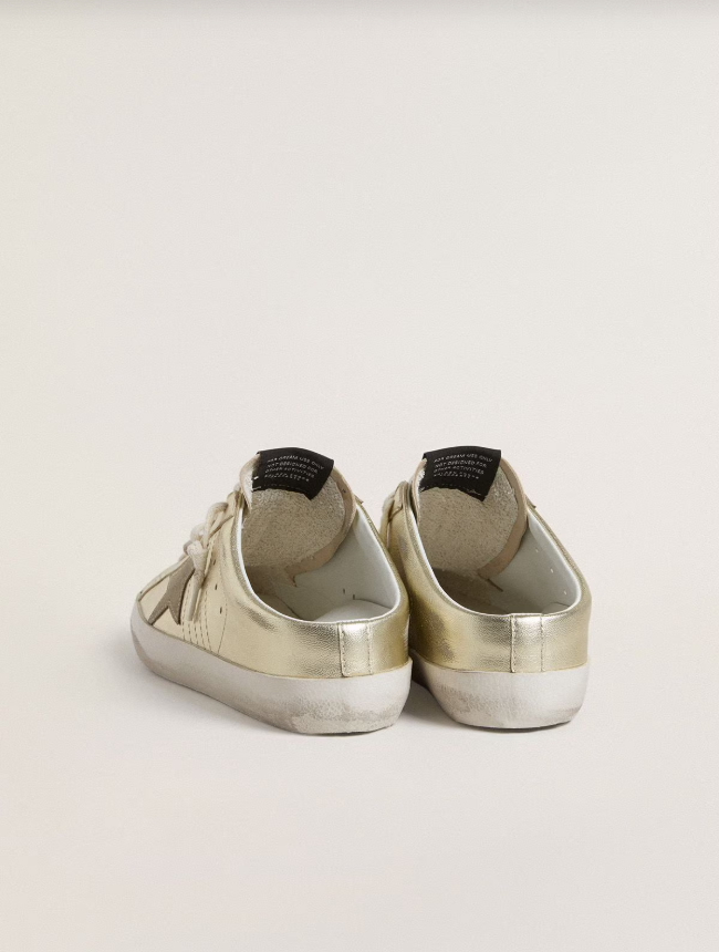 Golden Goose Super-Star Sabots in platinum foiled leather with beige suede star