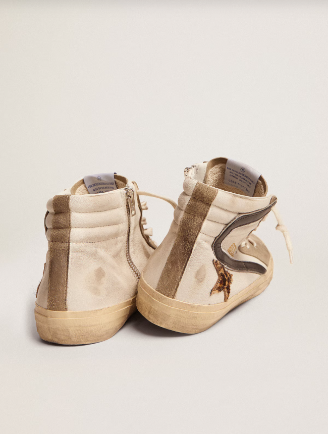 Golden Goose Slide with leopard print pony skin star and black flash