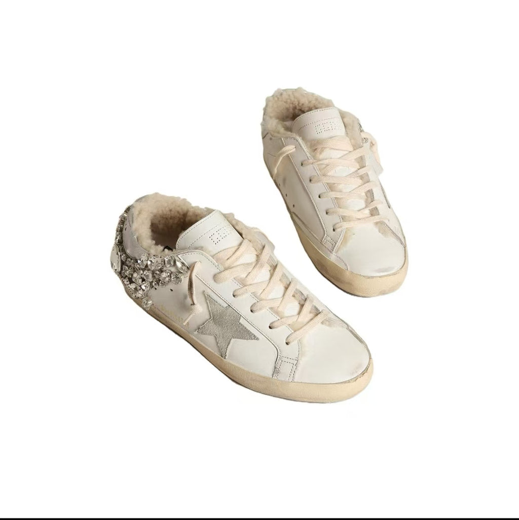 Golden Goose Super-Star Leather Round Toe Lace Up Low Top Sneakers Women's Silver Old Version