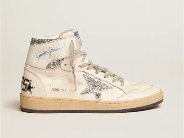 GOLDEN GOOSE Sky-Star sneakers with signature on the ankle and silver glitter inserts