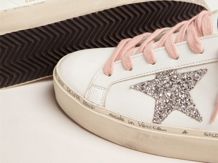 GOLDEN GOOSE White Hi-Star sneakers with glittery star and pink laces