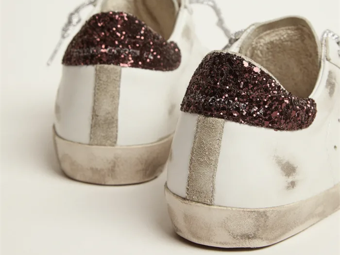 GOLDEN GOOSE Super-Star sneakers with brown glitter heel tab and pink crackled leather star