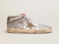 GOLDEN GOOSE Mid Star sneakers in silver metallic leather with star and flash in dove-gray suede