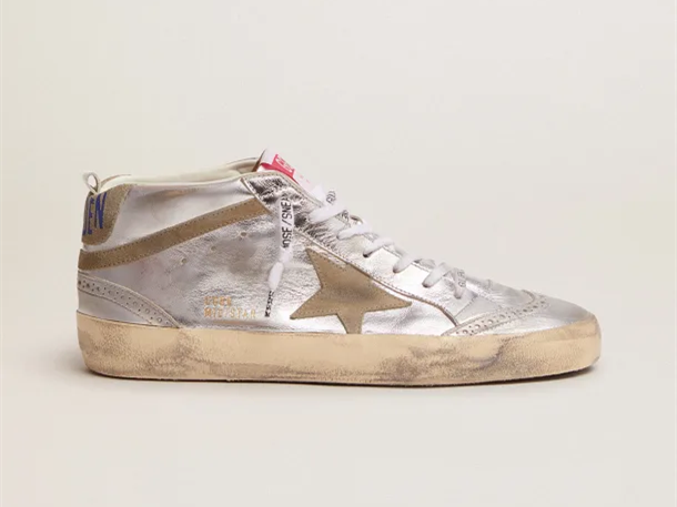 GOLDEN GOOSE Mid Star sneakers in silver metallic leather with star and flash in dove-gray suede
