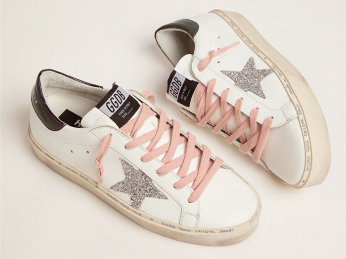 GOLDEN GOOSE White Hi-Star sneakers with glittery star and pink laces
