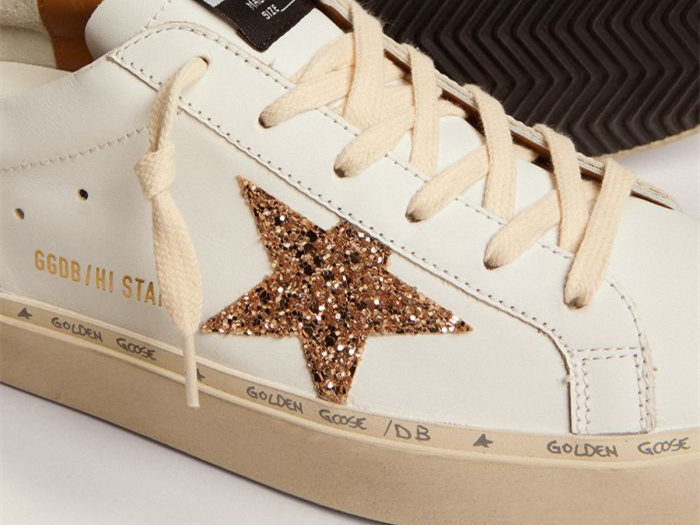 GOLDEN GOOSE Hi Star sneakers with gold glitter star and beige leather heel tab