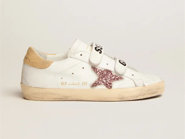 GOLDEN GOOSE Old School sneakers with pink glitter star and sand-colored suede heel tab