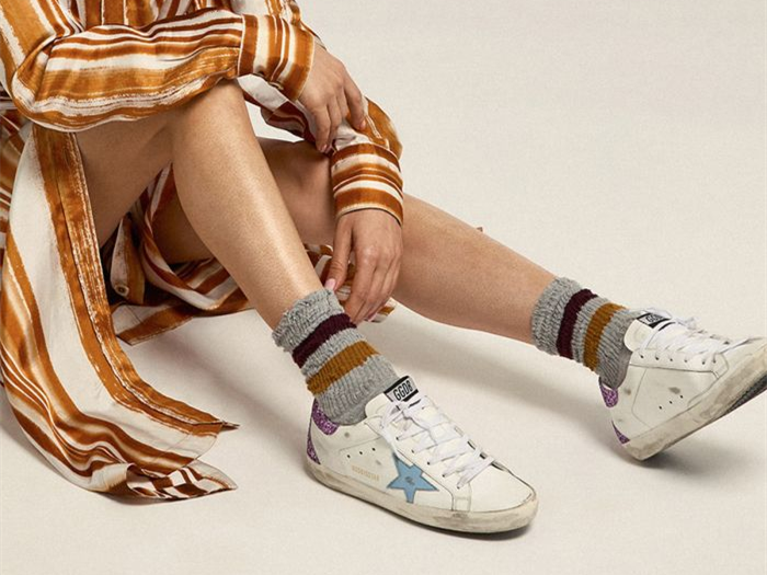 GOLDEN GOOSE Super-Star sneakers with lavender glitter heel tab and light-blue metallic leather star