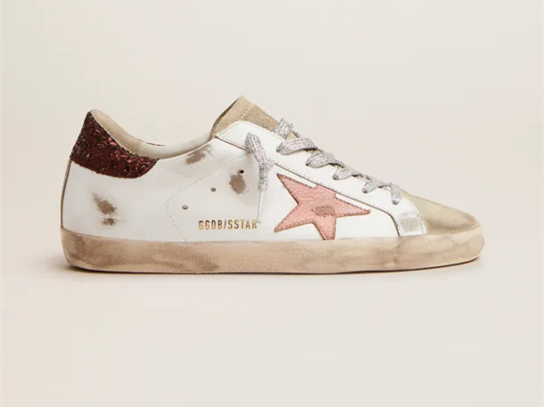 GOLDEN GOOSE Super-Star sneakers with brown glitter heel tab and pink crackled leather star