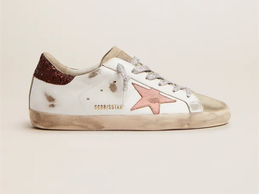 GOLDEN GOOSE Super-Star sneakers with brown glitter heel tab and pink crackled leather star