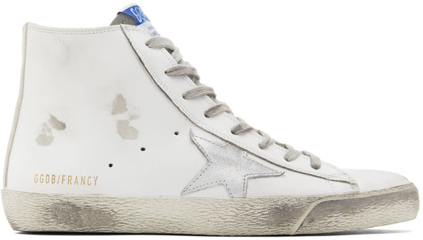 GOLDEN GOOSE حذاء سنيكرز فرانسي كلاسيك طويل الرقبة أبيض وفضي