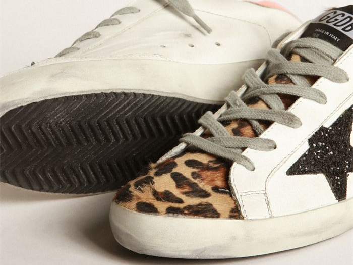 GOLDEN GOOSE Super-Star sneakers with leopard-print insert, glittery star and orange heel tab