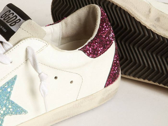 GOLDEN GOOSE Super-Star sneakers with light blue glitter star and purple glitter heel tab