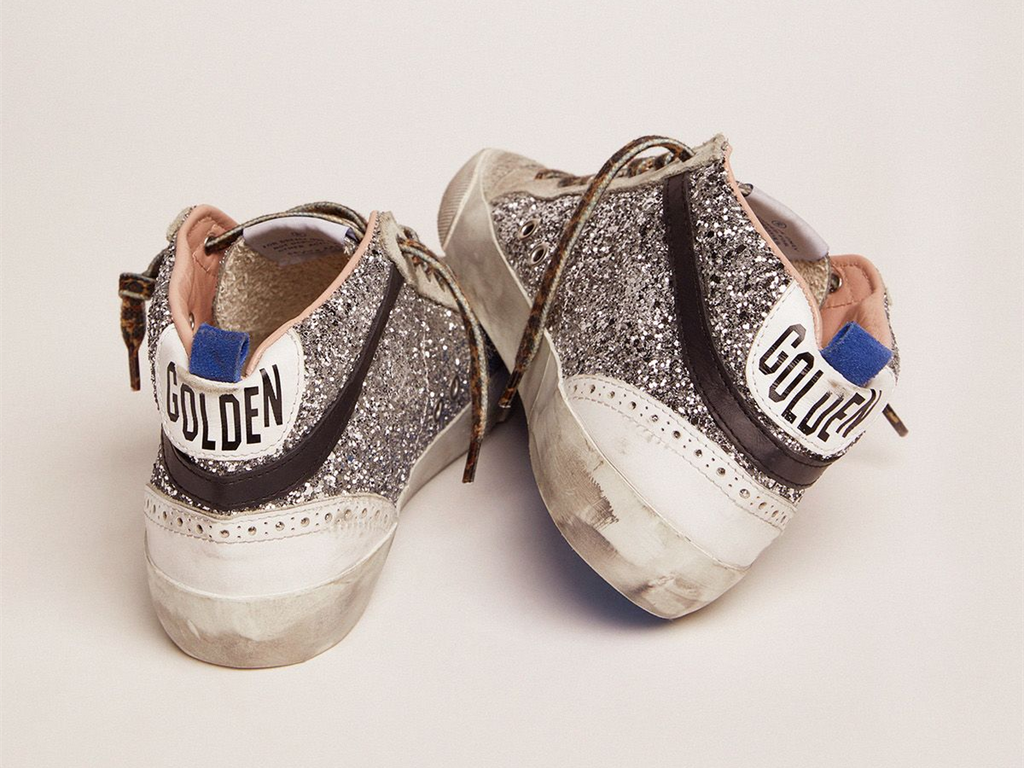 GOLDEN GOOSE Mid Star sneakers with silver glitter upper and pale pink star