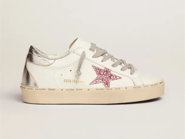 GOLDEN GOOSE Hi Star sneakers with silver laminated leather heel tab and pink glitter star