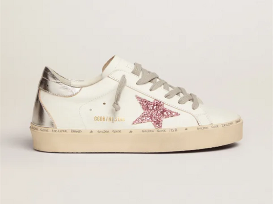 حذاء سنيكرز هاي ستار من GOLDEN GOOSE مع عروة كعب من الجلد الفضي اللامع ونجمة وردية لامعة