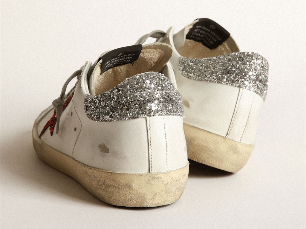 GOLDEN GOOSE White Super-Star sneakers in leather with glittery red star
