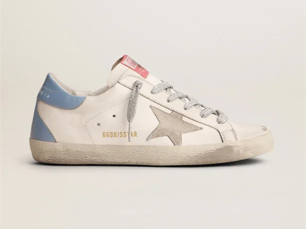 GOLDEN GOOSE Super-Star sneakers with sky-blue laminated leather heel tab and ice-gray suede star