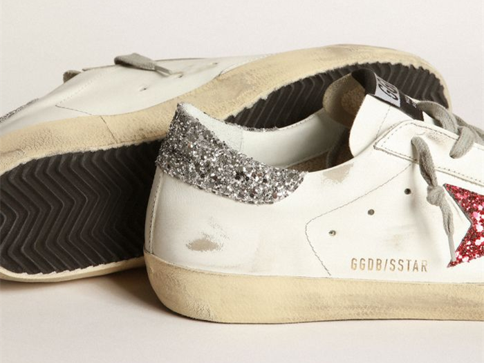 GOLDEN GOOSE White Super-Star sneakers in leather with glittery red star