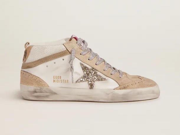 GOLDEN GOOSE Mid Star LTD sneakers with light green glitter star and snake-print leather insert