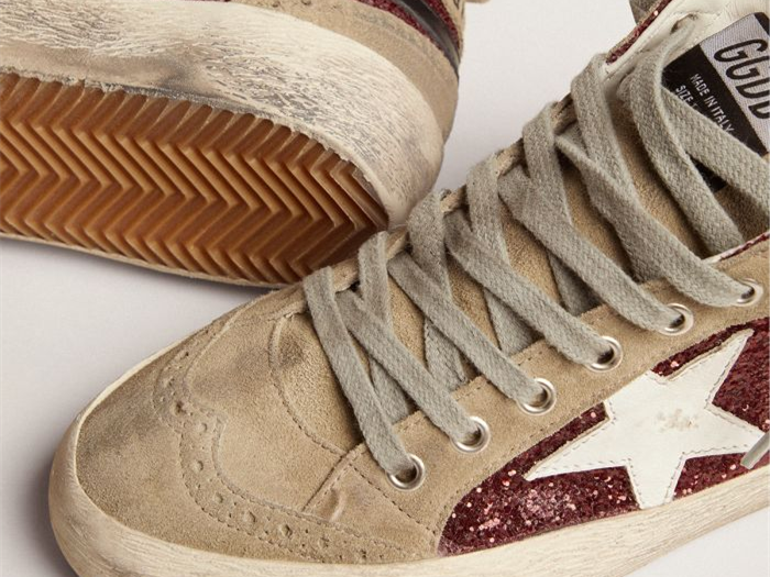 GOLDEN GOOSE Mid Star sneakers in burgundy glitter with dove-gray suede inserts and white leather star