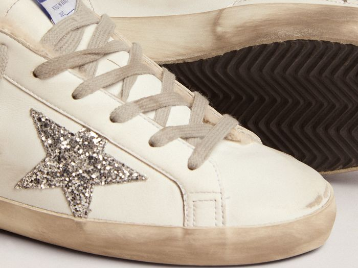 GOLDEN GOOSE Super-Star sneakers with shearling lining, silver glitter star and lizard-print dove-gray leather heel tab