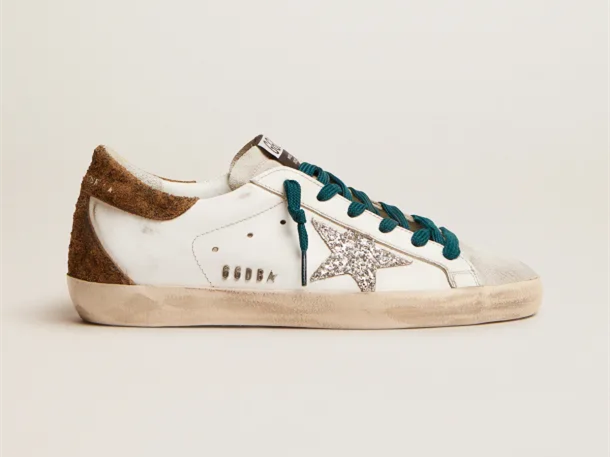 GOLDEN GOOSE Super-Star sneakers with silver glitter star and leopard-print suede heel tab