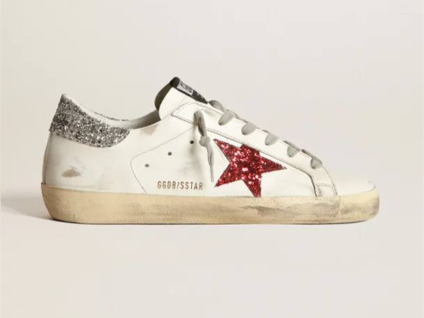 GOLDEN GOOSE White Super-Star sneakers in leather with glittery red star