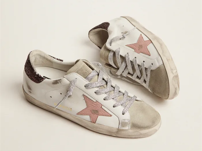 GOLDEN GOOSE Super-Star sneakers with brown glitter heel tab and pink crackled leather star