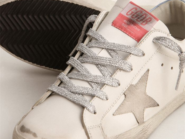GOLDEN GOOSE Super-Star sneakers with sky-blue laminated leather heel tab and ice-gray suede star