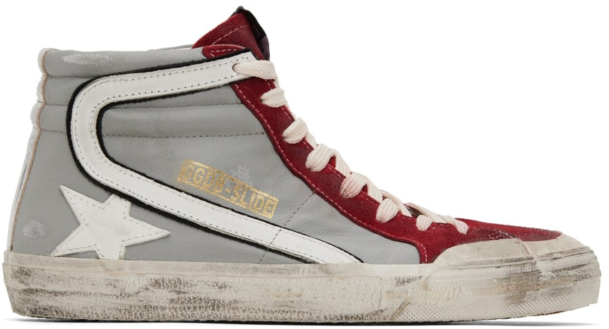 GOLDEN GOOSE Gray & Red Slide High-Top Sneakers