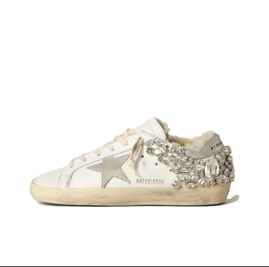 Golden Goose Super-Star Leather Round Toe Lace Up Low Top Sneakers Women's Silver Old Version