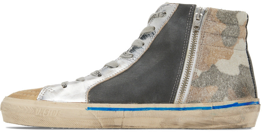 GOLDEN GOOSE Gray & Tan Slide High Top Sneakers