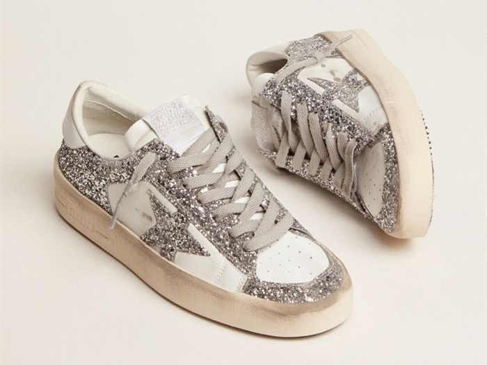 GOLDEN GOOSE Stardan sneakers in white leather and silver glitter