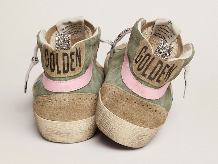 GOLDEN GOOSE Mid Star LTD sneakers in military green suede with sky-blue leather star and pink leather flash