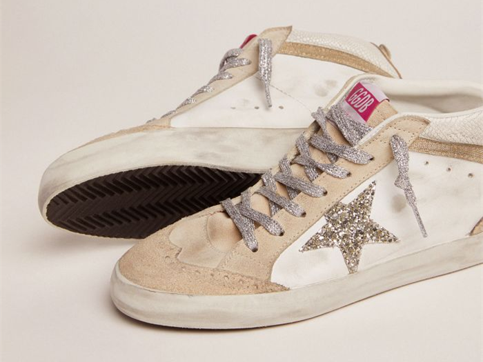 GOLDEN GOOSE Mid Star LTD sneakers with light green glitter star and snake-print leather insert