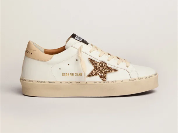 GOLDEN GOOSE Hi Star sneakers with gold glitter star and beige leather heel tab