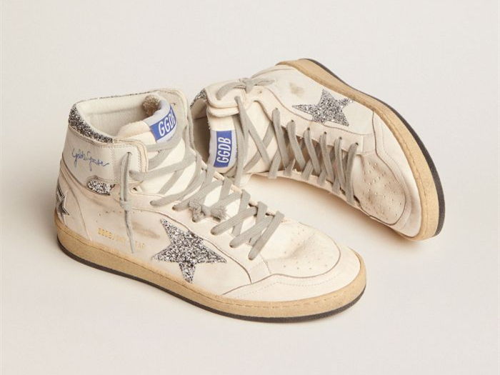 GOLDEN GOOSE Sky-Star sneakers with signature on the ankle and silver glitter inserts