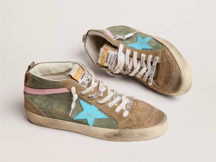 GOLDEN GOOSE Mid Star LTD sneakers in military green suede with sky-blue leather star and pink leather flash