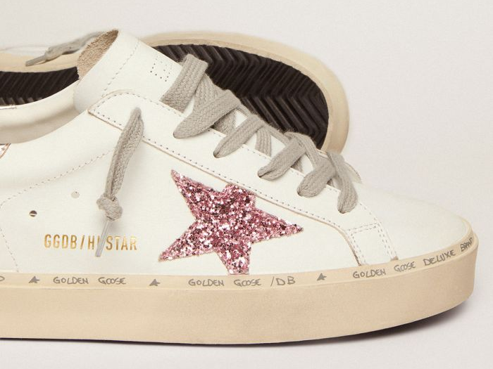 GOLDEN GOOSE Hi Star sneakers with silver laminated leather heel tab and pink glitter star