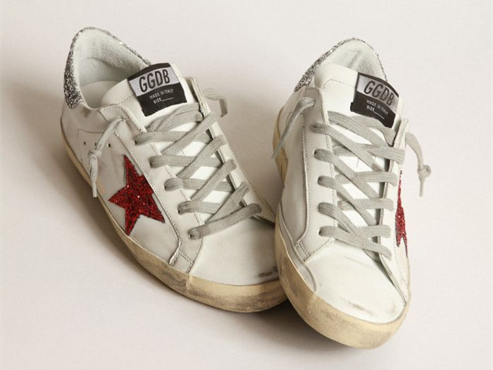 GOLDEN GOOSE White Super-Star sneakers in leather with glittery red star