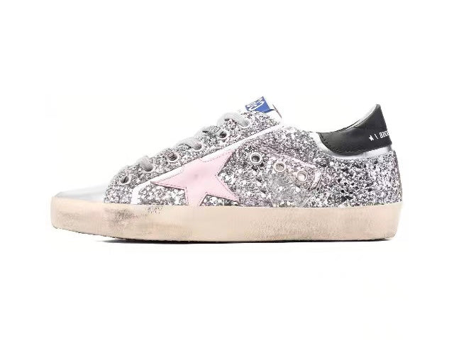 GOLDEN GOOSE Women's Super-Star in silver leather with pink star