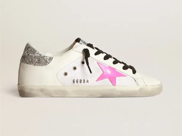 GOLDEN GOOSE Super-Star sneakers in white leather and canvas with shocking-pink leather star and silver glitter