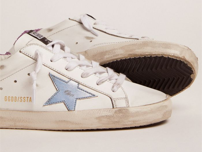 GOLDEN GOOSE Super-Star sneakers with lavender glitter heel tab and light-blue metallic leather star