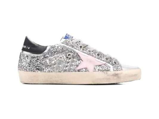 GOLDEN GOOSE Women's Super-Star in silver leather with pink star