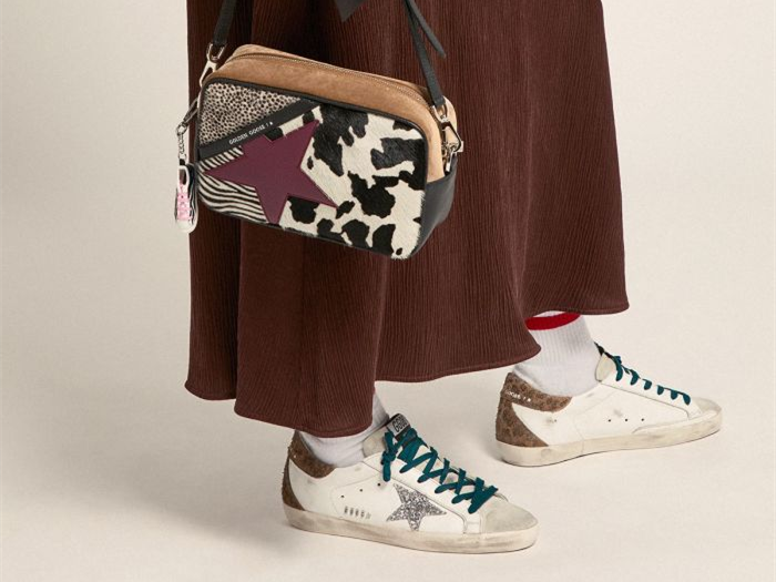 GOLDEN GOOSE Super-Star sneakers with silver glitter star and leopard-print suede heel tab