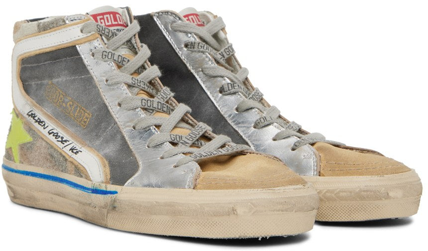 حذاء سنيكرز هاي توب سلايد من GOLDEN GOOSE باللونين الرمادي والبيج