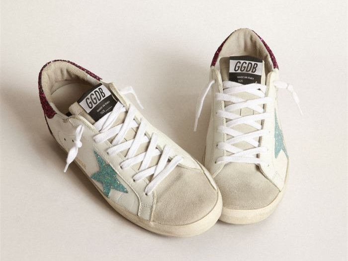 GOLDEN GOOSE Super-Star sneakers with light blue glitter star and purple glitter heel tab