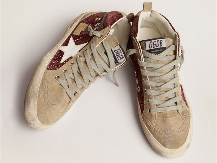 GOLDEN GOOSE Mid Star sneakers in burgundy glitter with dove-gray suede inserts and white leather star