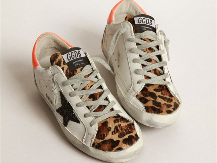 GOLDEN GOOSE Super-Star sneakers with leopard-print insert, glittery star and orange heel tab